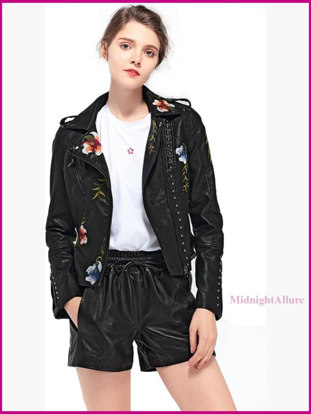 Faux Leather Moto Jacket with Floral Embroidery, Long Sleeve, Zipper Closure